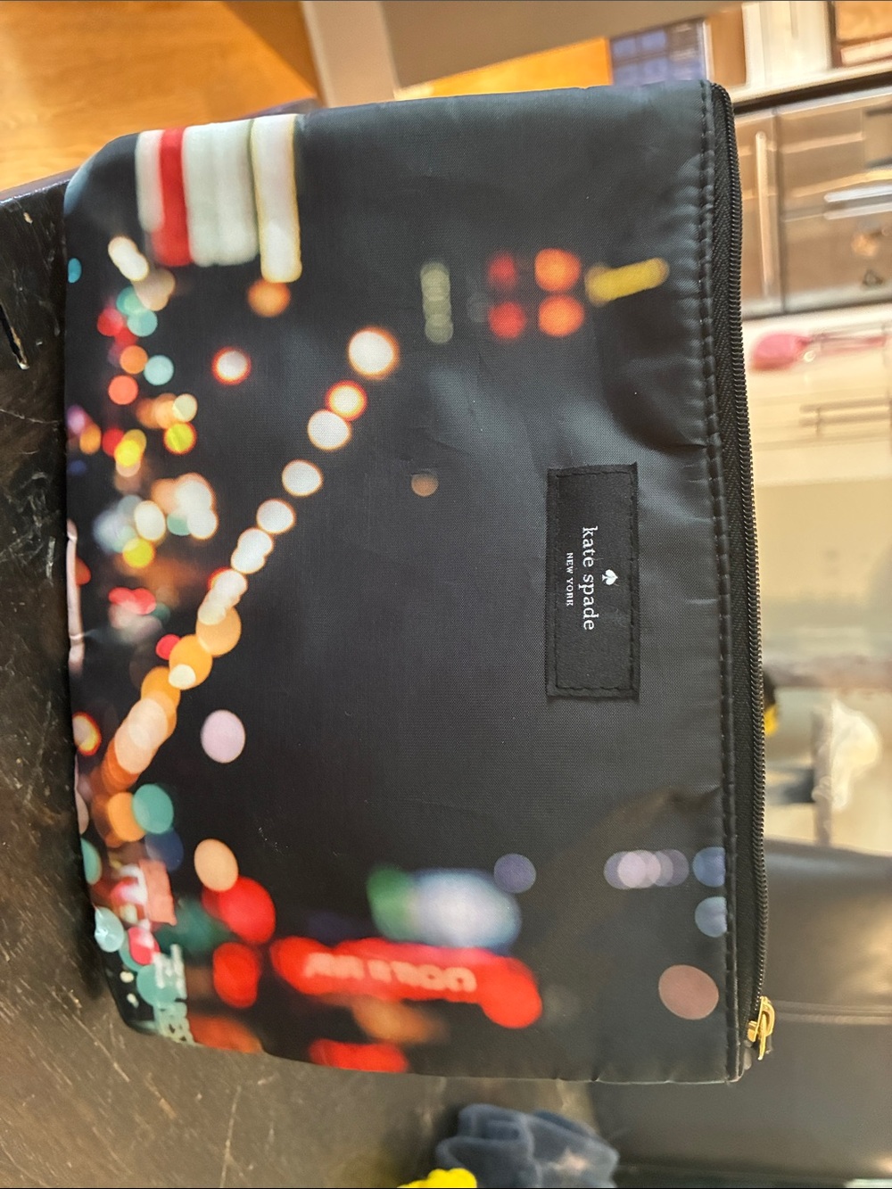 kate spade Black Zip Pouch with Multicolor Bokeh Print